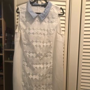 White sleeveless shirt dress blue collar